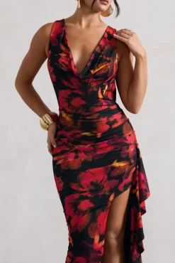 Kaida | Red Floral Print Cowl-Neck Ruffled Split Maxi Dress