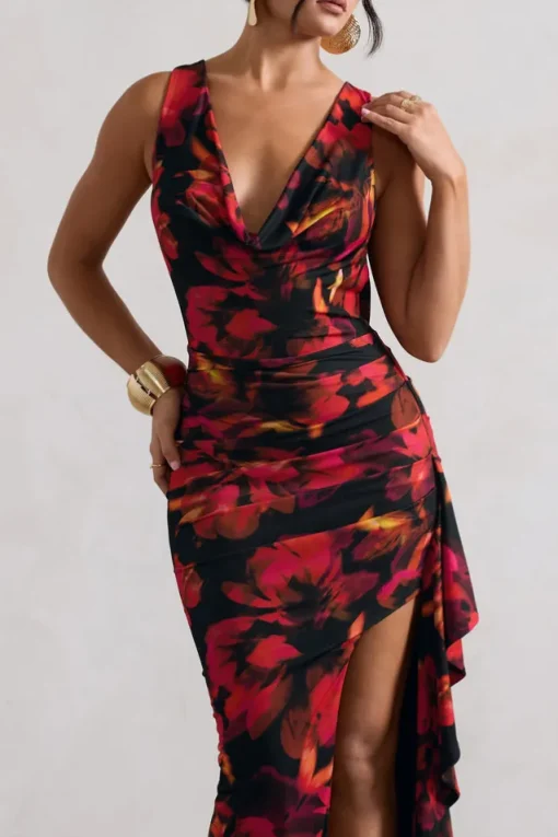 Kaida | Red Floral Print Cowl-Neck Ruffled Split Maxi Dress