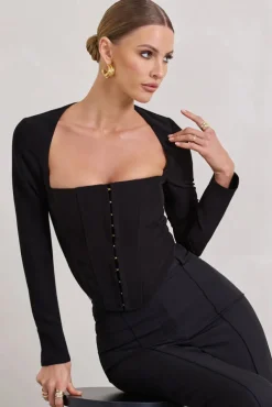 Kailey | Black Square-Neck Long-Sleeve Corset Top