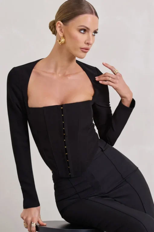 Kailey | Black Square-Neck Long-Sleeve Corset Top