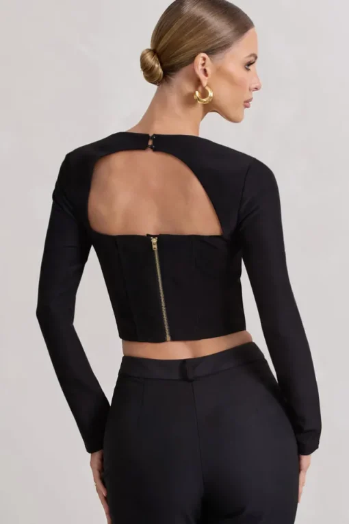 Kailey | Black Square-Neck Long-Sleeve Corset Top