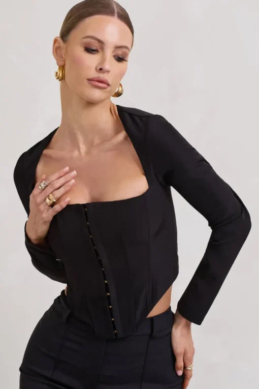 Kailey | Black Square-Neck Long-Sleeve Corset Top