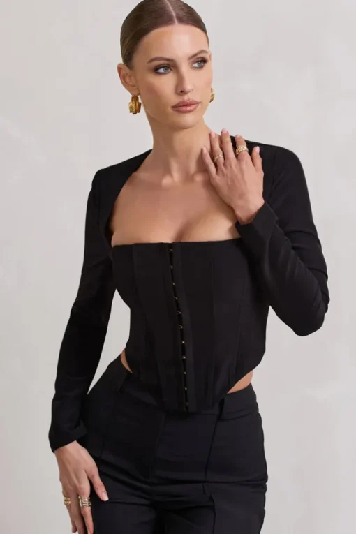 Kailey | Black Square-Neck Long-Sleeve Corset Top