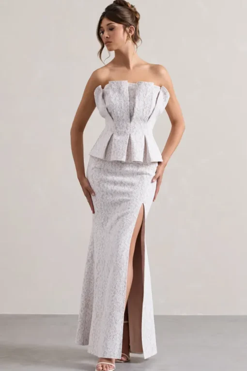 Kaleido | White Lace Strapless Ruffled Split Maxi Dress