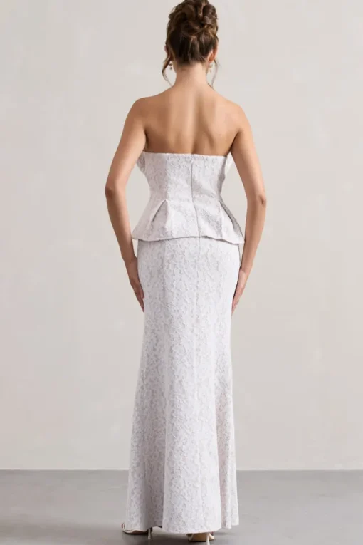 Kaleido | White Lace Strapless Ruffled Split Maxi Dress