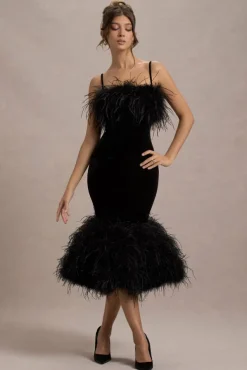 Kalena | Black Velvet Feather Trim Midi Dress