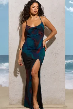 Kali | Blue Print Cowl-Neck Open-Back Split Maxi Dress