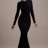 Kalilah | Black Long-Sleeve Ruched Fishtail Maxi Dress