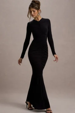 Kalilah | Black Long-Sleeve Ruched Fishtail Maxi Dress