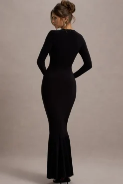 Kalilah | Black Long-Sleeve Ruched Fishtail Maxi Dress