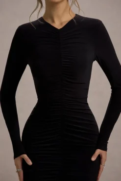 Kalilah | Black Long-Sleeve Ruched Fishtail Maxi Dress