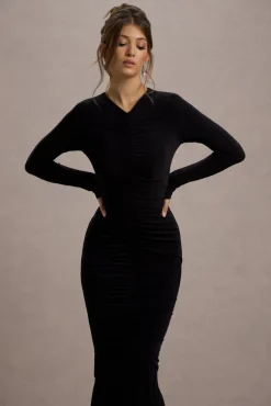 Kalilah | Black Long-Sleeve Ruched Fishtail Maxi Dress