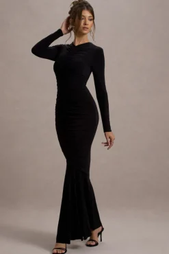 Kalilah | Black Long-Sleeve Ruched Fishtail Maxi Dress