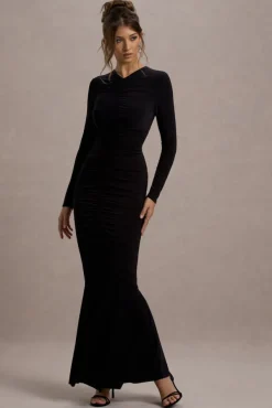 Kalilah | Black Long-Sleeve Ruched Fishtail Maxi Dress