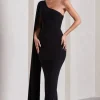 Kamila | Black One Shoulder Cape Sleeve Open-Back Maxi Dress
