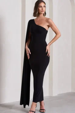 Kamila | Black One Shoulder Cape Sleeve Open-Back Maxi Dress