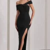 Kara | Black Asymmetric Twisted Bardot Split Maxi Dress