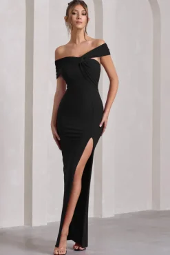 Kara | Black Asymmetric Twisted Bardot Split Maxi Dress