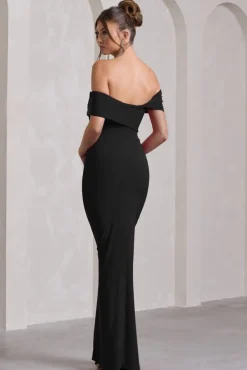Kara | Black Asymmetric Twisted Bardot Split Maxi Dress