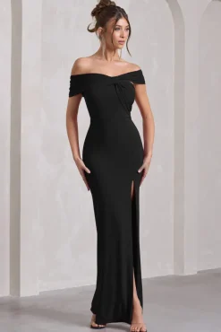 Kara | Black Asymmetric Twisted Bardot Split Maxi Dress