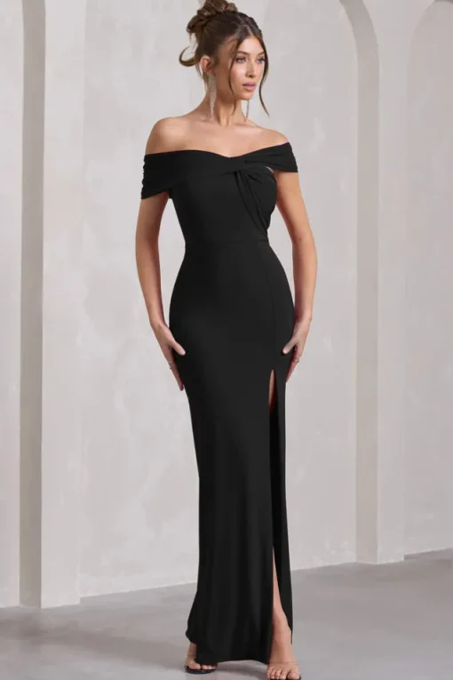 Kara | Black Asymmetric Twisted Bardot Split Maxi Dress