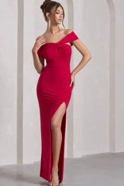 Kara | Red Asymmetric Twisted Bardot Split Maxi Dress
