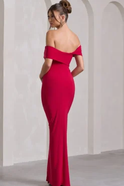 Kara | Red Asymmetric Twisted Bardot Split Maxi Dress