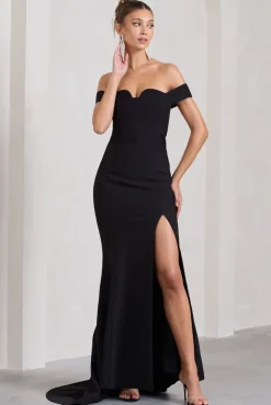 Karma | Black Bardot Split Fishtail Maxi Dress