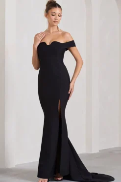 Karma | Black Bardot Split Fishtail Maxi Dress