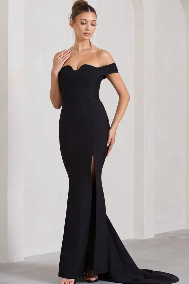 Karma | Black Bardot Split Fishtail Maxi Dress