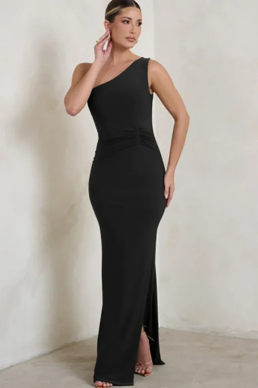 Kary | Black One Shoulder Thigh Split Maxi Dress