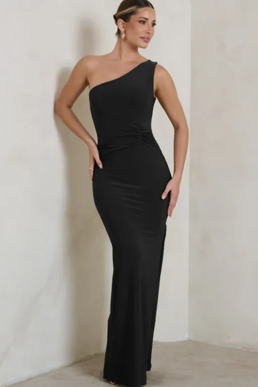Kary | Black One Shoulder Thigh Split Maxi Dress