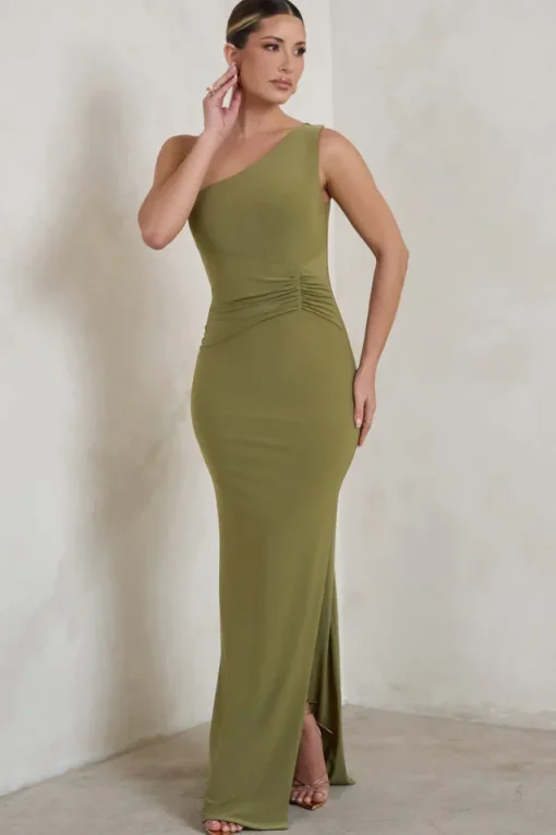 Kary | Olive Green One Shoulder Thigh Split Maxi Dress