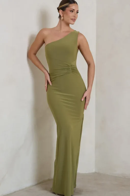 Kary | Olive Green One Shoulder Thigh Split Maxi Dress