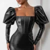 Karyme | Black Faux Leather Puff Sleeve Mini Dress With Corset Detail