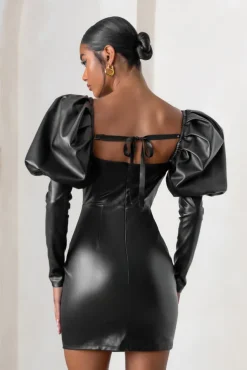 Karyme | Black Faux Leather Puff Sleeve Mini Dress With Corset Detail