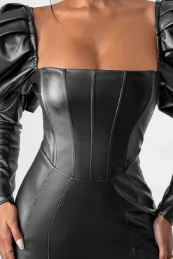 Karyme | Black Faux Leather Puff Sleeve Mini Dress With Corset Detail