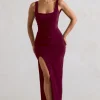 Kate | Berry Square Neck Maxi Dress with Plunge Back and Side Thigh Split