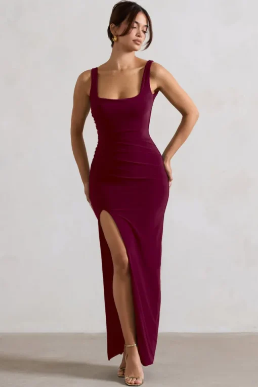 Kate | Berry Square Neck Maxi Dress with Plunge Back and Side Thigh Split