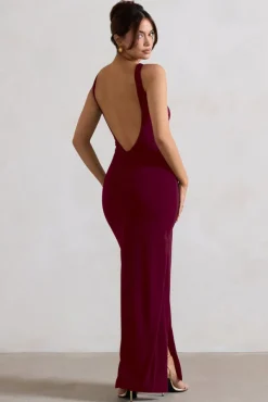Kate | Berry Square Neck Maxi Dress with Plunge Back and Side Thigh Split