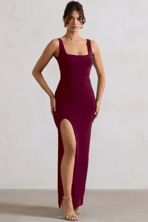 Kate | Berry Square Neck Maxi Dress with Plunge Back and Side Thigh Split