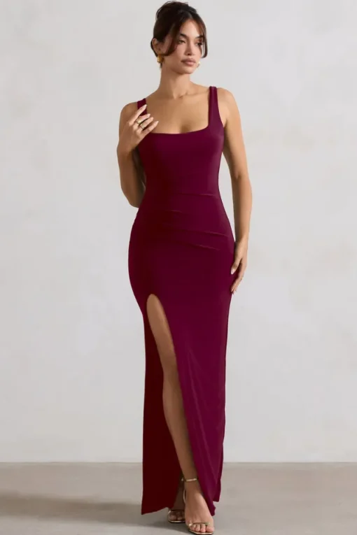 Kate | Berry Square Neck Maxi Dress with Plunge Back and Side Thigh Split