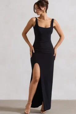 Kate | Black Square Neck Maxi Dress with Plunge Back and Side Thigh Split