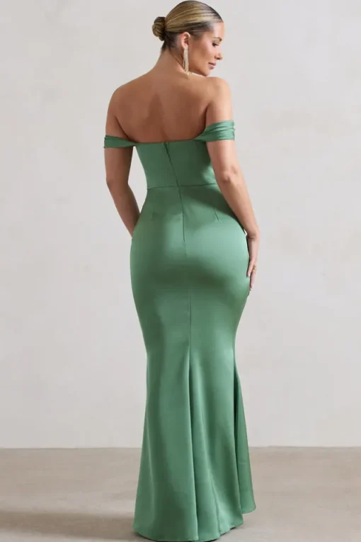 Katia | Soft Green Satin Bardot Fishtail Maxi Dress