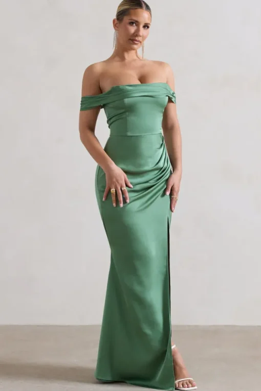 Katia | Soft Green Satin Bardot Fishtail Maxi Dress