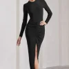 Katy | Black Ruched Long-Sleeve Split Maxi Dress