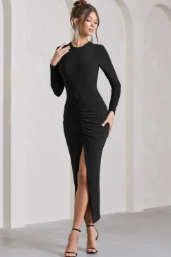 Katy | Black Ruched Long-Sleeve Split Maxi Dress