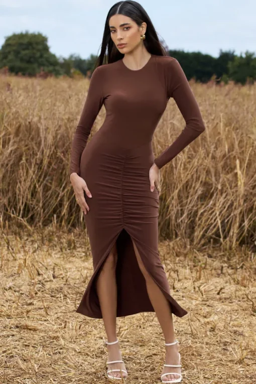 Katy | Chocolate Ruched Long-Sleeve Split Maxi Dress