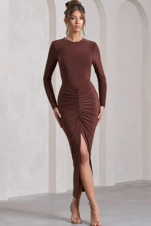 Katy | Chocolate Ruched Long-Sleeve Split Maxi Dress