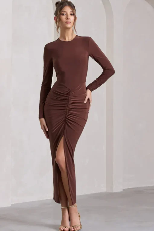 Katy | Chocolate Ruched Long-Sleeve Split Maxi Dress